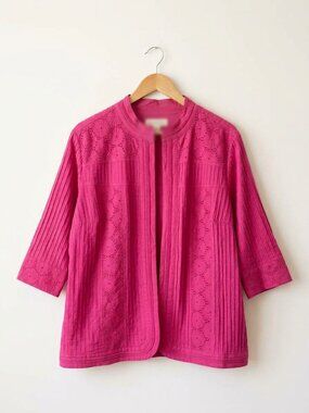 TanJay Fuchsia Open Front Blazer Jacket 20W Eyelet Embroidered Cutout Pintuck